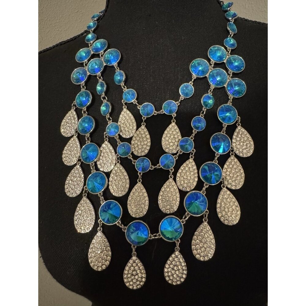 Blue Silver Tone Rhinestone Teardrop 21" Long Statement Necklace Bling NEW